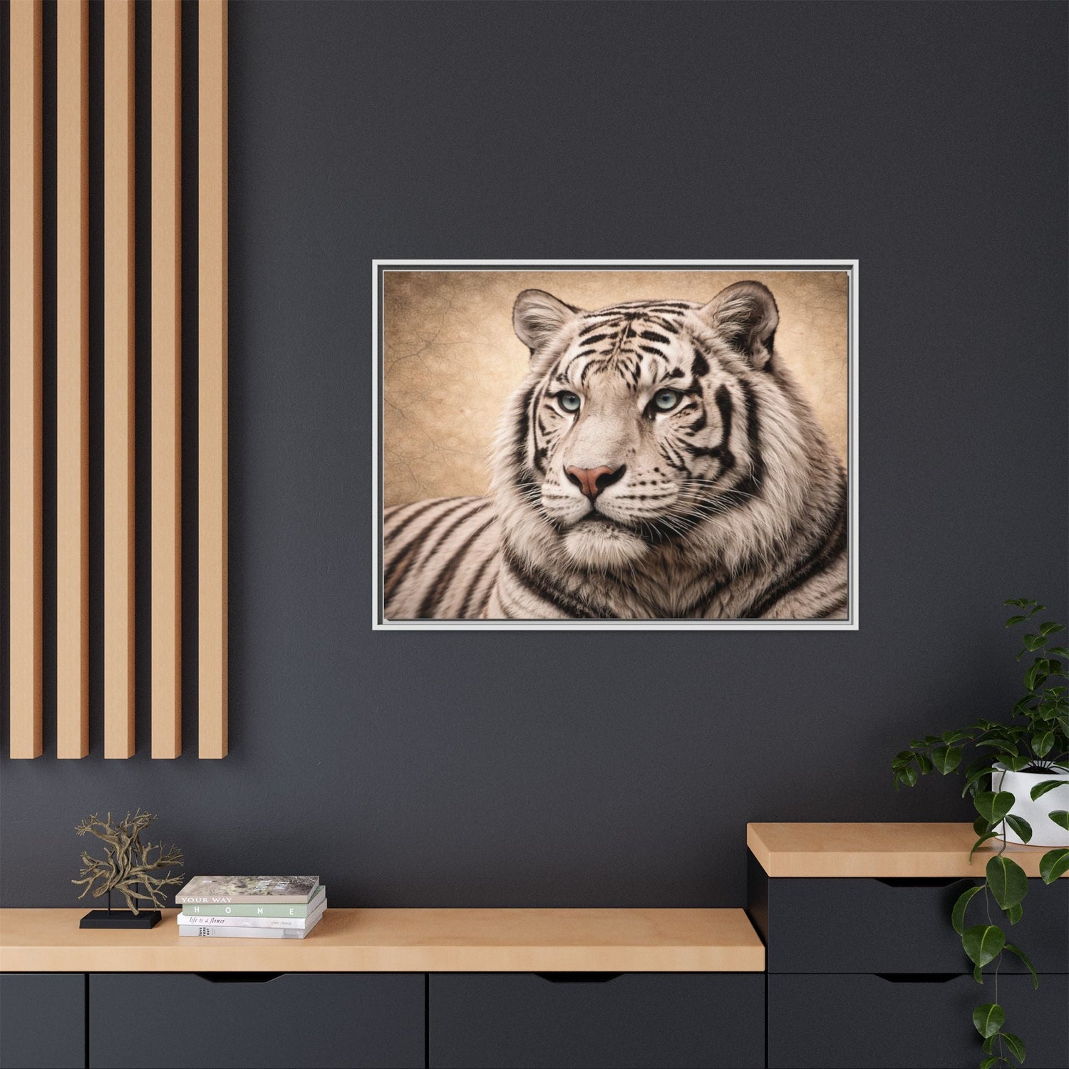 Luxury white tiger wall art on 40x30 framed matte canvas displayed in modern interior – Sovereign Beasts Collection