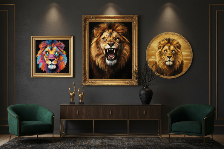 Luxury wildlife canvas wall art collection banner featuring lion, bald eagle, and black panther framed prints with international shipping available
