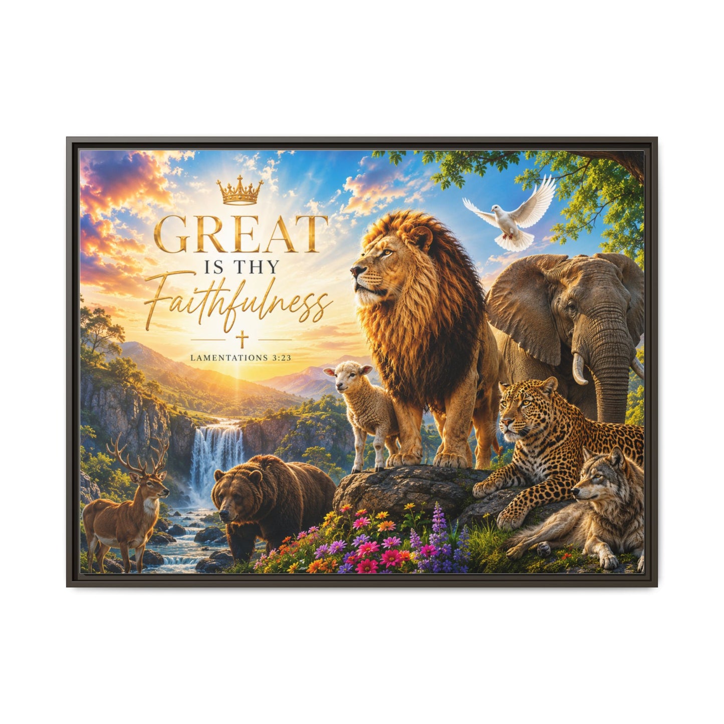 Great Is Thy Faithfulness Wall Art – 40x30 Framed Matte Canvas – Luxury Faith Wildlife Decor
