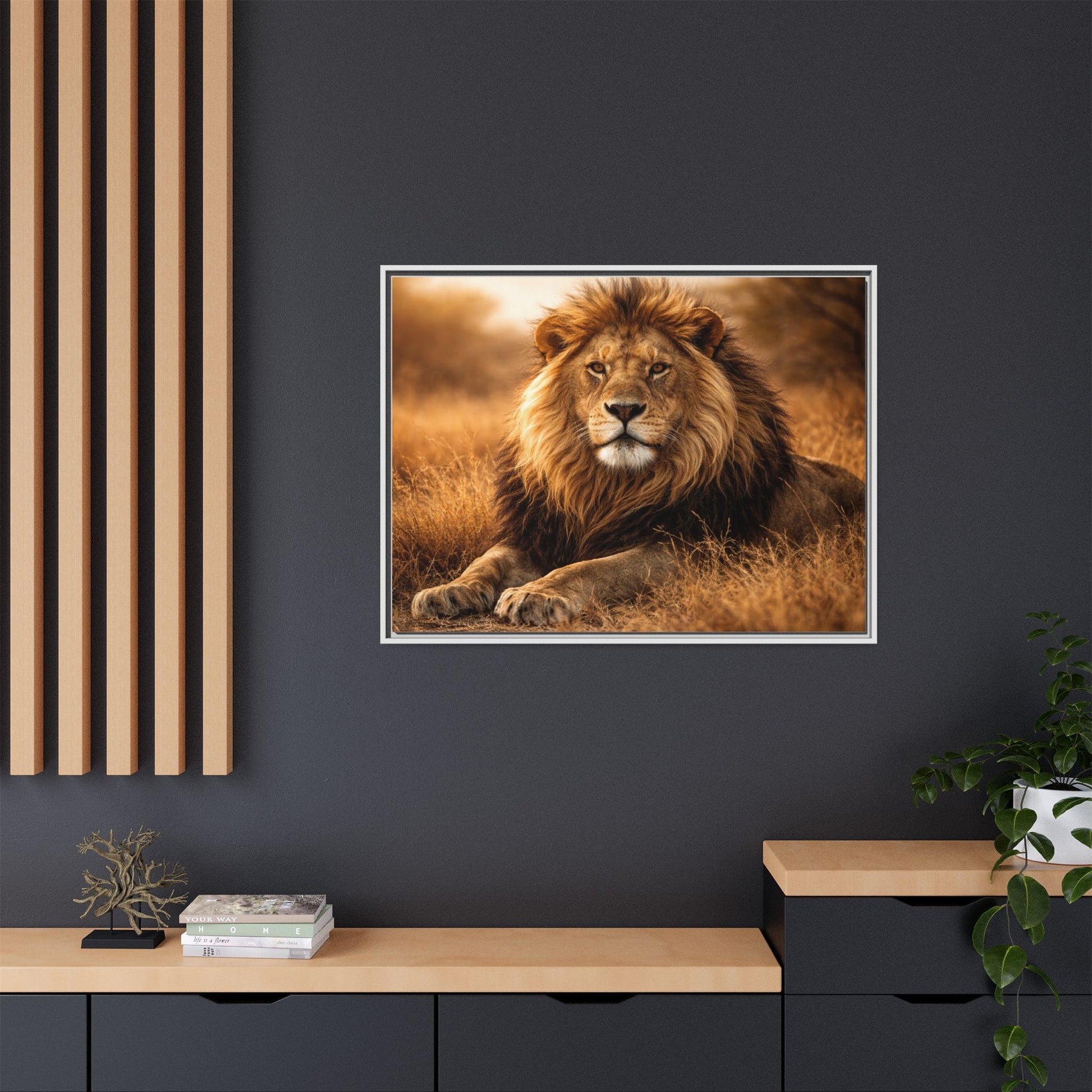 Lion in savannah wall art 40x30 framed matte canvas portrait in golden tones10