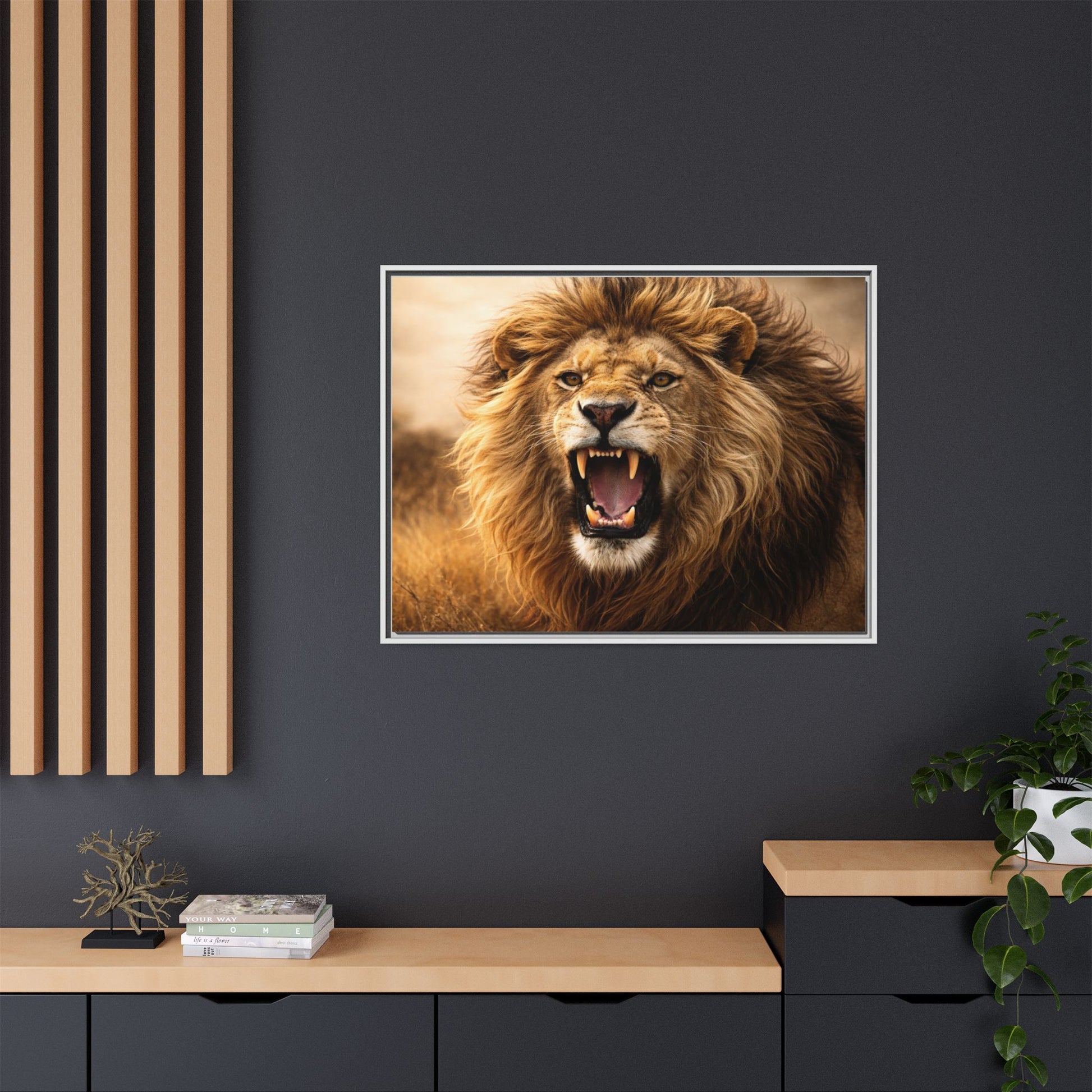 Roaring lion wall art 40x30 framed matte canvas portrait in warm safari tones