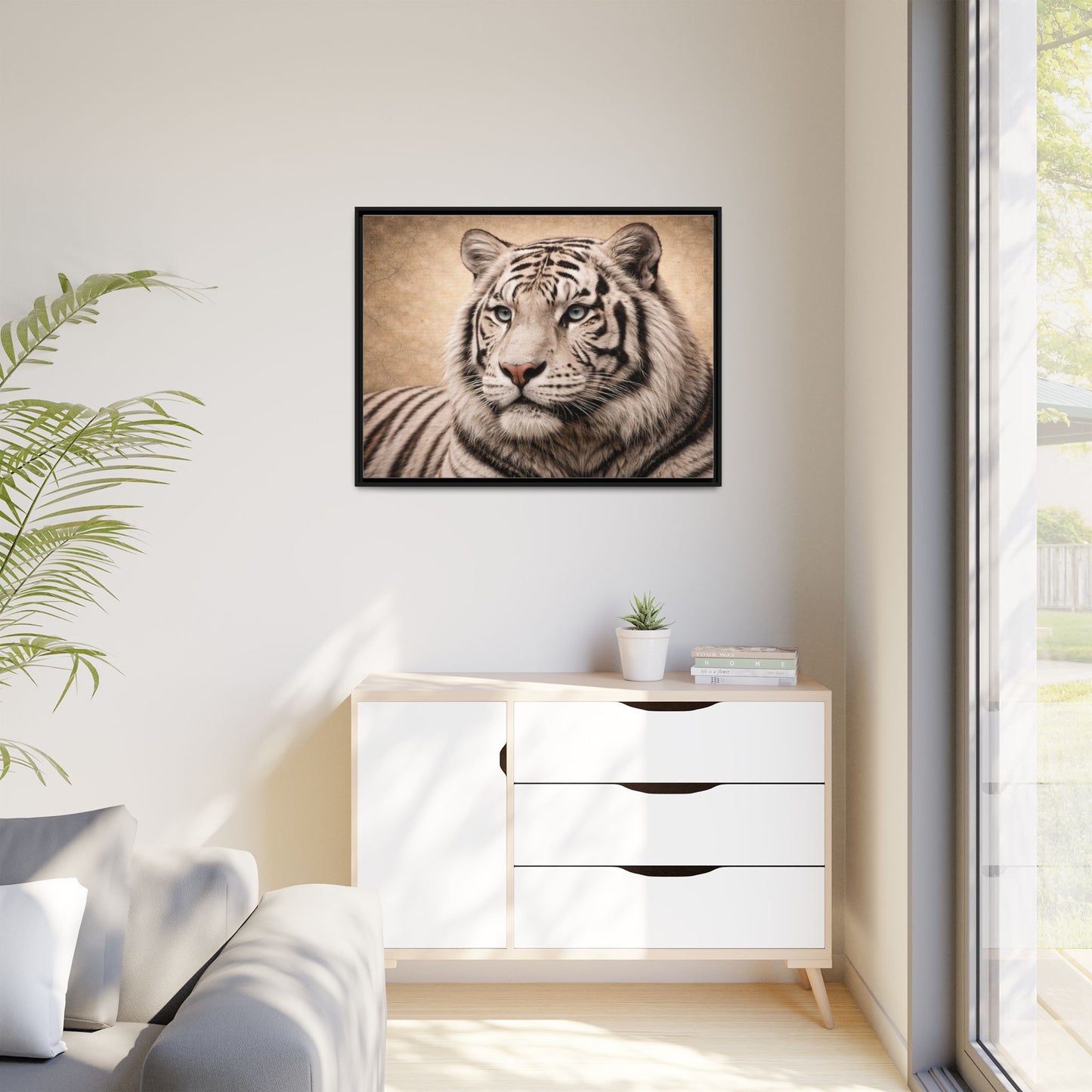 Sepia tiger wall art 40x30 framed matte canvas portrait in black frame5